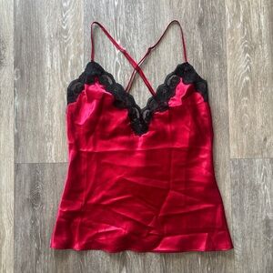 Y2K Frederick's of Hollywood Vampy Whimsigoth Red Satin Black Lace Cami Size L